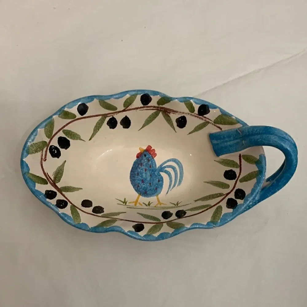 MC Ceramic Michele Favolose Rooster Vinetage Blue Cream Gravy Sauce Serving Boat